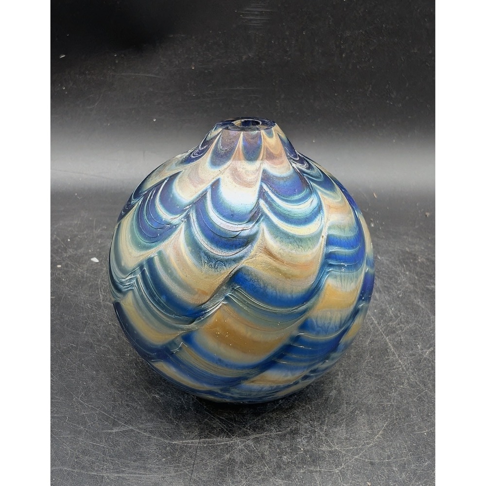 Iridescent Art Glass Oil Lamp Base Blue Amber Feathered Scalloped Hand Blown
